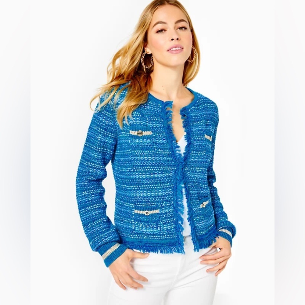 Lilly Pulitzer Blue Tweed Fringe Pocket Cardigan